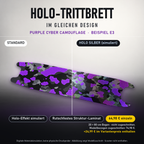 PURPLE CYBER CAMOUFLAGE Trittbrett-Skin – Standard/Holo Silber im Vergleich, Holo-Effekt simuliert, 20x80 cm Bogen 64,98 €, Modellzuschnitt 74,98 €. +24,99 € im Variantenpreis enthalten. Beispiel E3; digitale Darstellung, keine physische Druckprobe; Scooter nicht enthalten.
