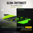 VIPER LINE Trittbrett-Skin – Glow Tag/Nacht simuliert, 20x80 cm Bogen 69,98 €, Modellzuschnitt 79,98 €. +29,99 € im Variantenpreis enthalten. Beispiel E3; digitale Darstellung, keine physische Druckprobe; Scooter nicht enthalten.