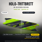VIPER LINE Trittbrett-Skin – Standard/Holo Silber im Vergleich, Holo-Effekt simuliert, 20x80 cm Bogen 64,98 €, Modellzuschnitt 74,98 €. +24,99 € im Variantenpreis enthalten. Beispiel E3; digitale Darstellung, keine physische Druckprobe; Scooter nicht enthalten.