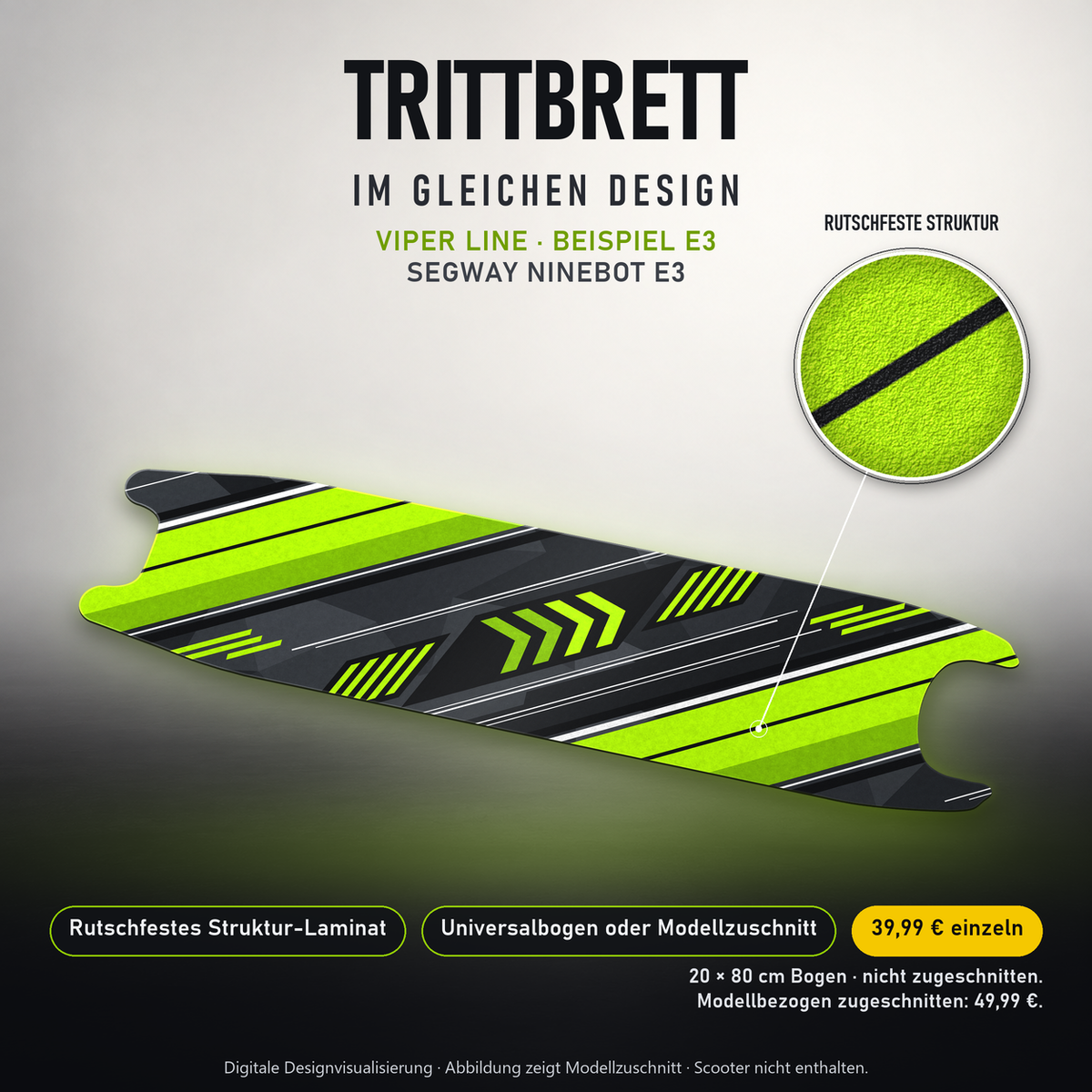 VIPER LINE Trittbrett-Skin – Standard, 20x80 cm Bogen 39,99 €, Modellzuschnitt 49,99 €. Beispiel E3; digitale Darstellung, keine physische Druckprobe; Scooter nicht enthalten.