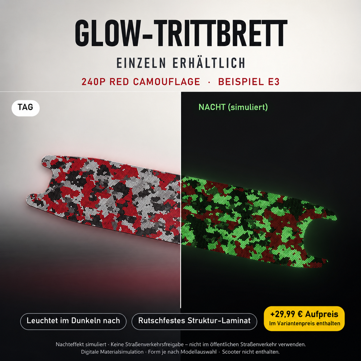 240P RED CAMOUFLAGE Trittbrett-Skin – Nachteffekt simuliert, +29,99 € Aufpreis im Variantenpreis enthalten. Beispiel E3; Form je nach Modellauswahl. Digitale Design-/Materialvisualisierung, keine physische Druckprobe. Scooter nicht enthalten.
