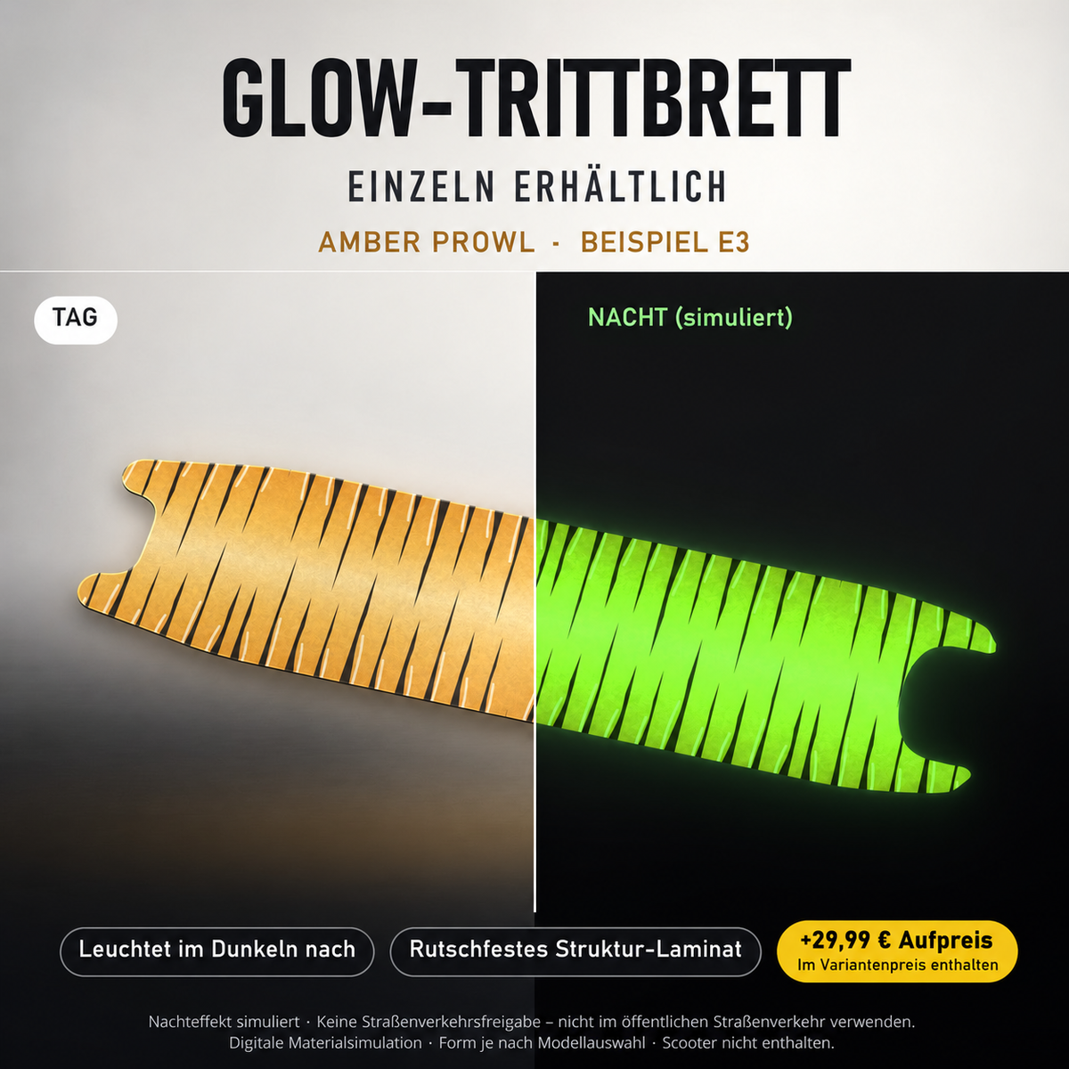 AMBER PROWL Trittbrett-Skin – Nachteffekt simuliert, +29,99 € Aufpreis im Variantenpreis enthalten. Beispiel E3; Form je nach Modellauswahl. Digitale Design-/Materialvisualisierung, keine physische Druckprobe. Scooter nicht enthalten.