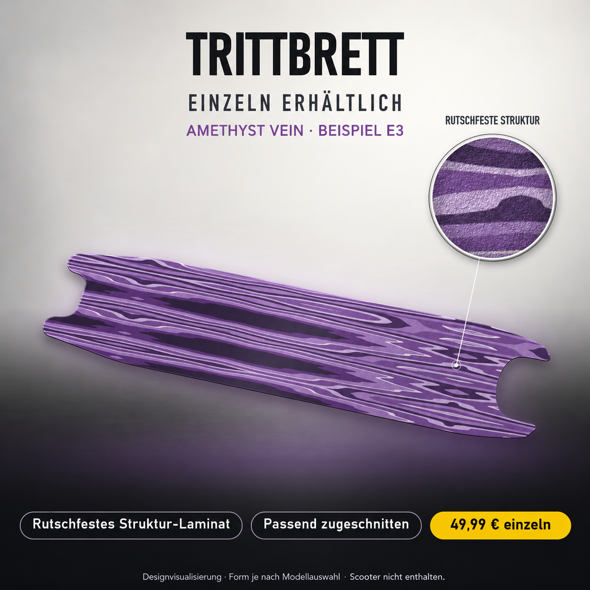 AMETHYST VEIN Trittbrett-Skin – Standard, 49,99 € als Modellzuschnitt. Beispiel E3; Form je nach Modellauswahl. Digitale Design-/Materialvisualisierung, keine physische Druckprobe. Scooter nicht enthalten.