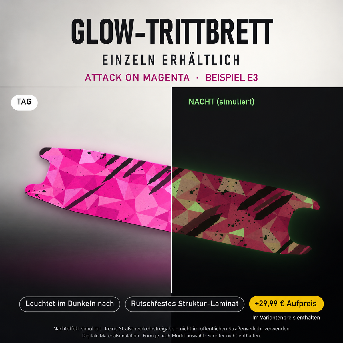 ATTACK ON MAGENTA Trittbrett-Skin – Nachteffekt simuliert, +29,99 € Aufpreis im Variantenpreis enthalten. Beispiel E3; Form je nach Modellauswahl. Digitale Design-/Materialvisualisierung, keine physische Druckprobe. Scooter nicht enthalten.