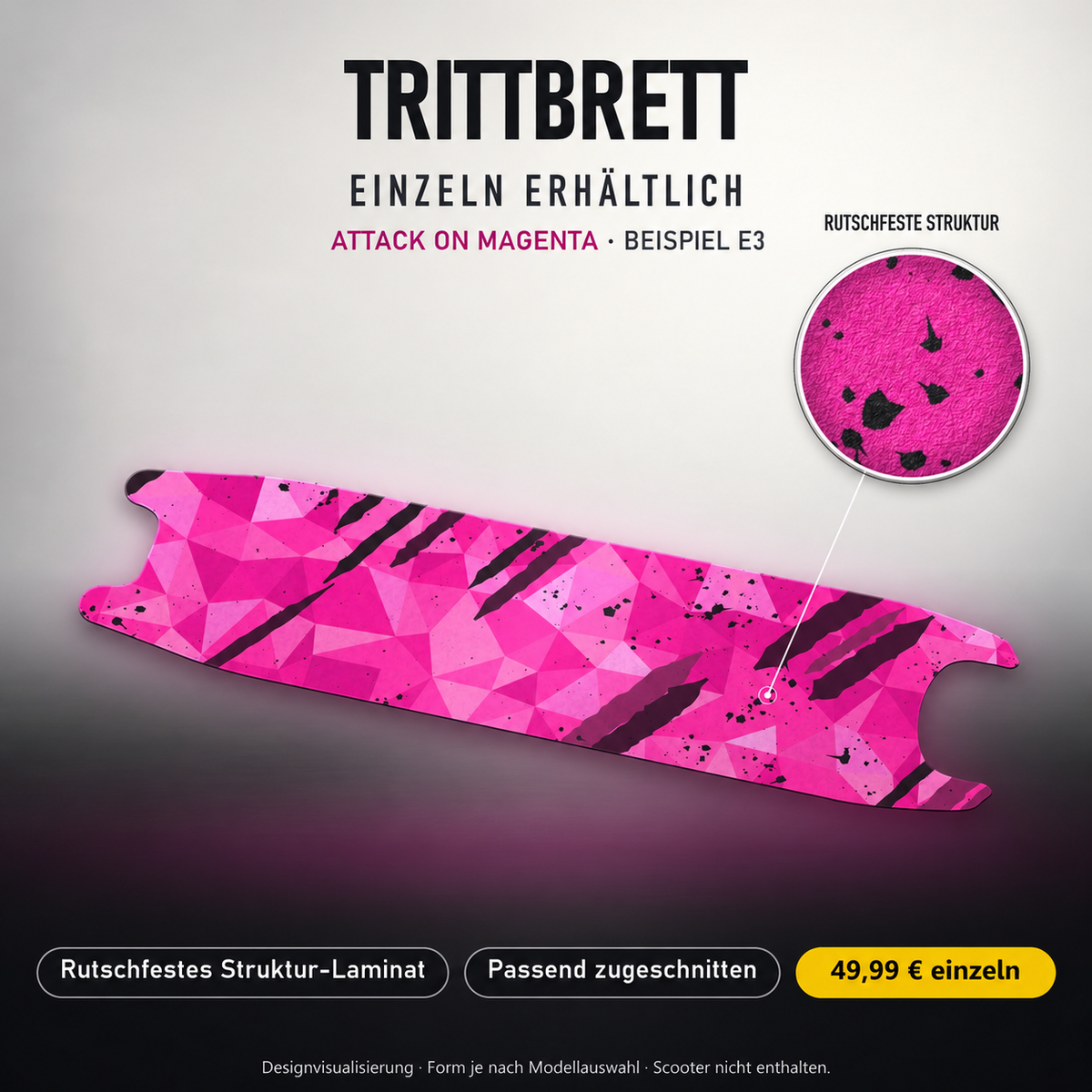 ATTACK ON MAGENTA Trittbrett-Skin – Standard, 49,99 € als Modellzuschnitt. Beispiel E3; Form je nach Modellauswahl. Digitale Design-/Materialvisualisierung, keine physische Druckprobe. Scooter nicht enthalten.