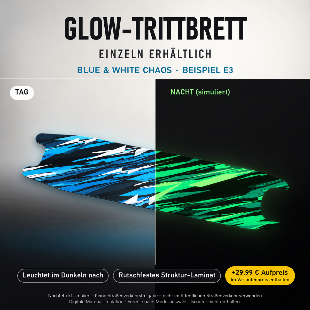 BLUE & WHITE CHAOS Trittbrett-Skin – Nachteffekt simuliert, +29,99 € Aufpreis im Variantenpreis enthalten. Beispiel E3; Form je nach Modellauswahl. Digitale Design-/Materialvisualisierung, keine physische Druckprobe. Scooter nicht enthalten.