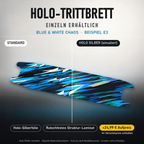 BLUE & WHITE CHAOS Trittbrett-Skin – Holo-Effekt simuliert, +24,99 € Aufpreis im Variantenpreis enthalten. Beispiel E3; Form je nach Modellauswahl. Digitale Design-/Materialvisualisierung, keine physische Druckprobe. Scooter nicht enthalten.