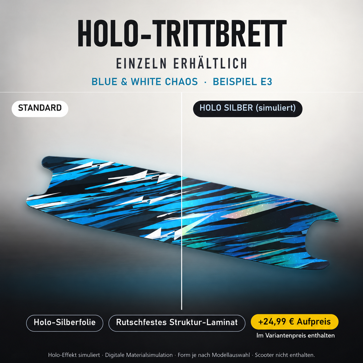 BLUE & WHITE CHAOS Trittbrett-Skin – Holo-Effekt simuliert, +24,99 € Aufpreis im Variantenpreis enthalten. Beispiel E3; Form je nach Modellauswahl. Digitale Design-/Materialvisualisierung, keine physische Druckprobe. Scooter nicht enthalten.