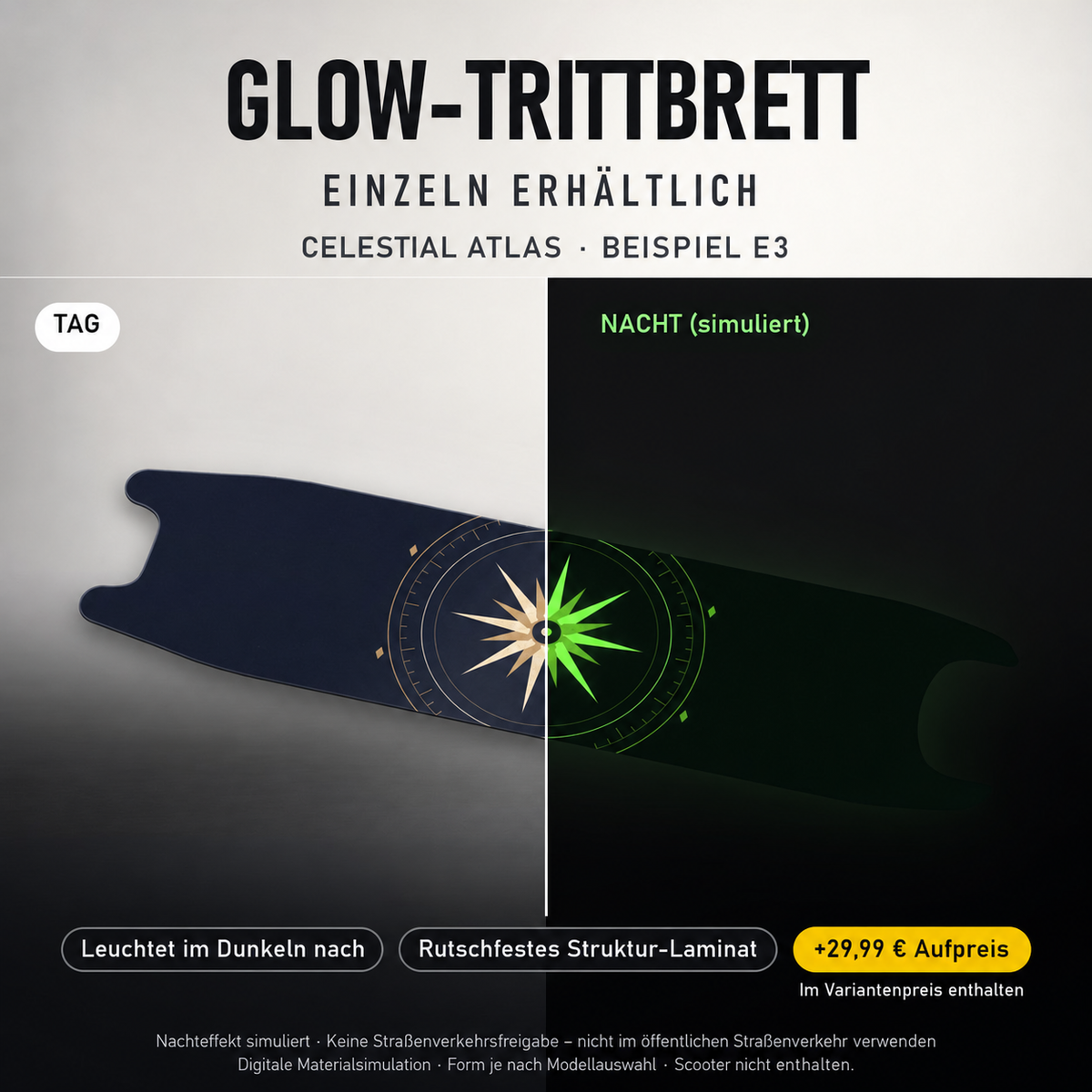 CELESTIAL ATLAS Trittbrett-Skin – Nachteffekt simuliert, +29,99 € Aufpreis im Variantenpreis enthalten. Beispiel E3; Form je nach Modellauswahl. Digitale Design-/Materialvisualisierung, keine physische Druckprobe. Scooter nicht enthalten.
