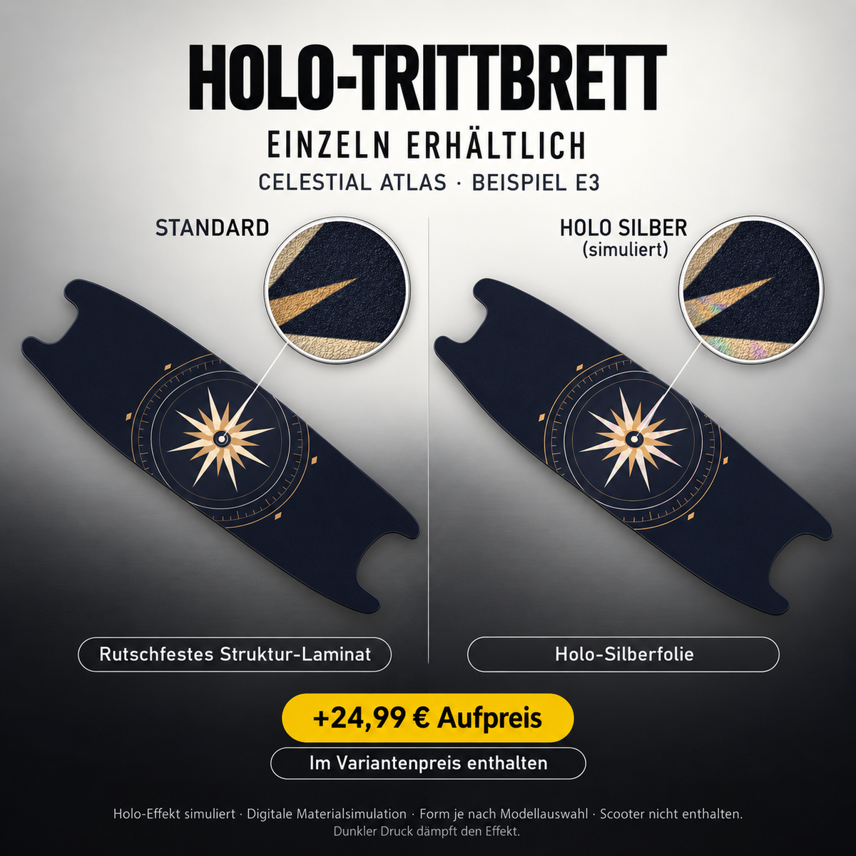 CELESTIAL ATLAS Trittbrett-Skin – Holo-Effekt simuliert, +24,99 € Aufpreis im Variantenpreis enthalten. Beispiel E3; Form je nach Modellauswahl. Digitale Design-/Materialvisualisierung, keine physische Druckprobe. Scooter nicht enthalten.