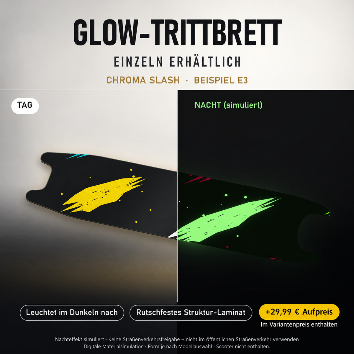 CHROMA SLASH Trittbrett-Skin – Nachteffekt simuliert, +29,99 € Aufpreis im Variantenpreis enthalten. Beispiel E3; Form je nach Modellauswahl. Digitale Design-/Materialvisualisierung, keine physische Druckprobe. Scooter nicht enthalten.