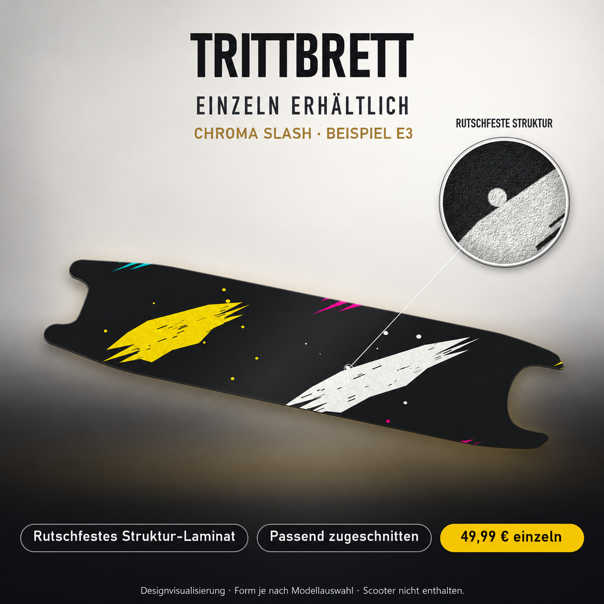 CHROMA SLASH Trittbrett-Skin – Standard, 49,99 € als Modellzuschnitt. Beispiel E3; Form je nach Modellauswahl. Digitale Design-/Materialvisualisierung, keine physische Druckprobe. Scooter nicht enthalten.