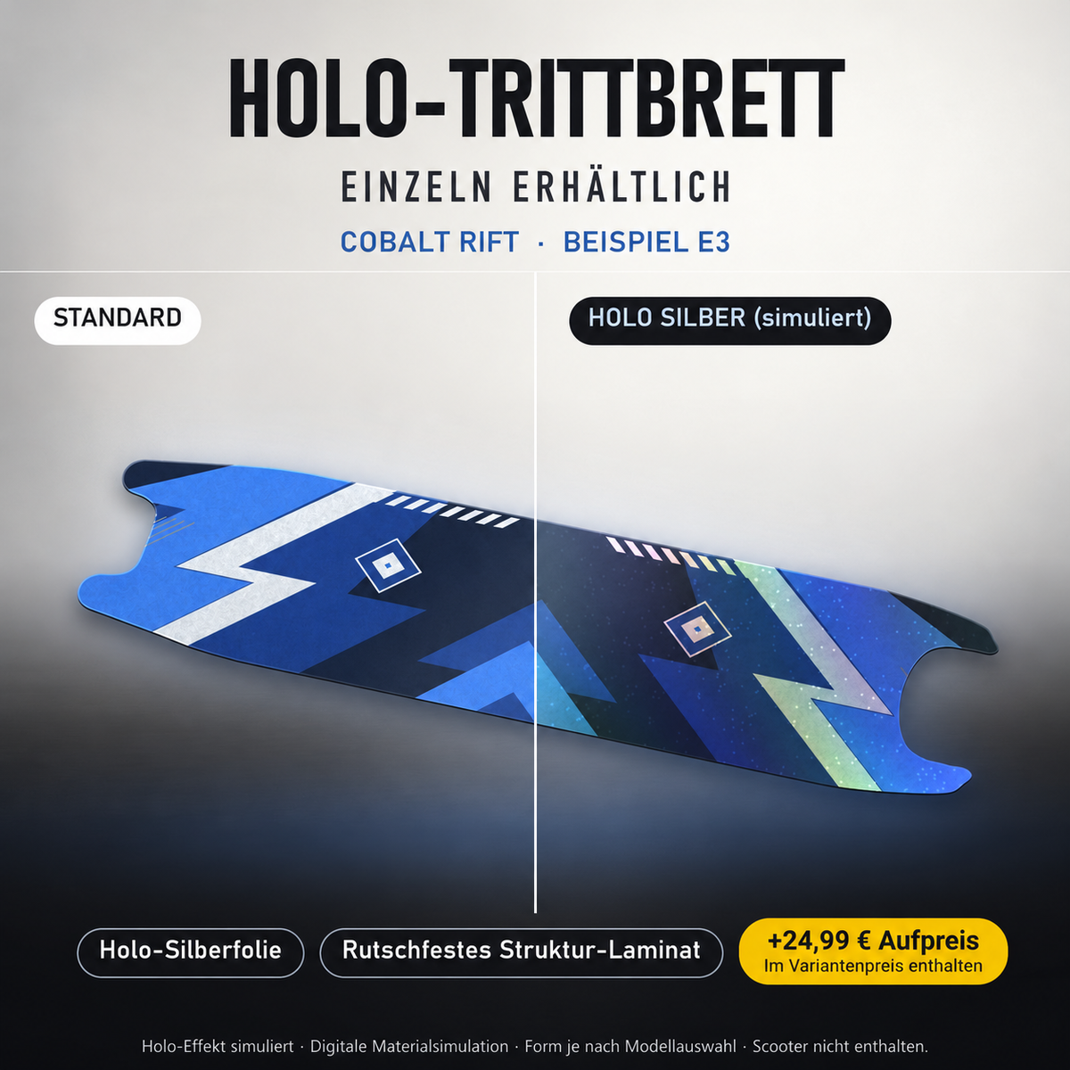 COBALT RIFT Trittbrett-Skin – Holo-Effekt simuliert, +24,99 € Aufpreis im Variantenpreis enthalten. Beispiel E3; Form je nach Modellauswahl. Digitale Design-/Materialvisualisierung, keine physische Druckprobe. Scooter nicht enthalten.