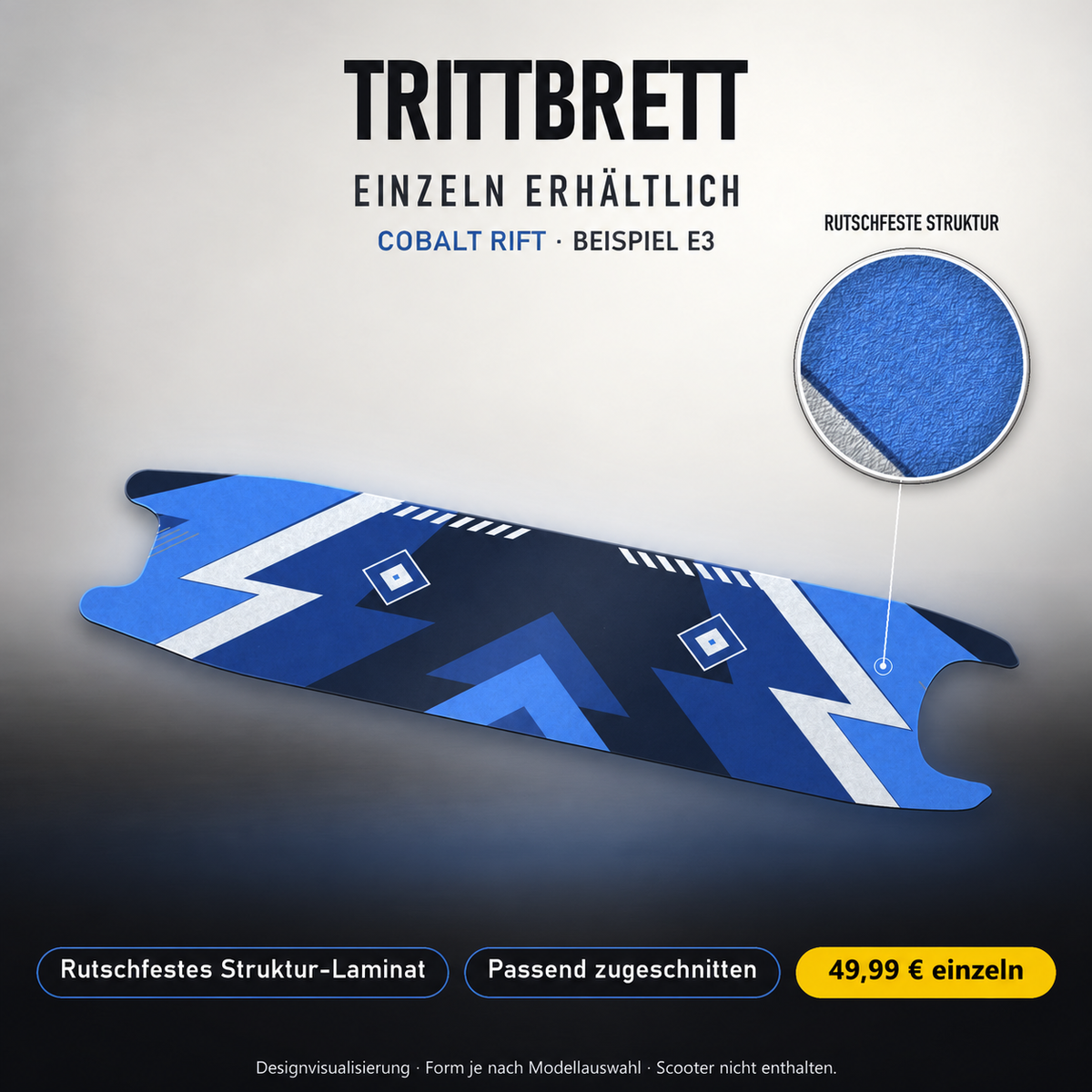 COBALT RIFT Trittbrett-Skin – Standard, 49,99 € als Modellzuschnitt. Beispiel E3; Form je nach Modellauswahl. Digitale Design-/Materialvisualisierung, keine physische Druckprobe. Scooter nicht enthalten.