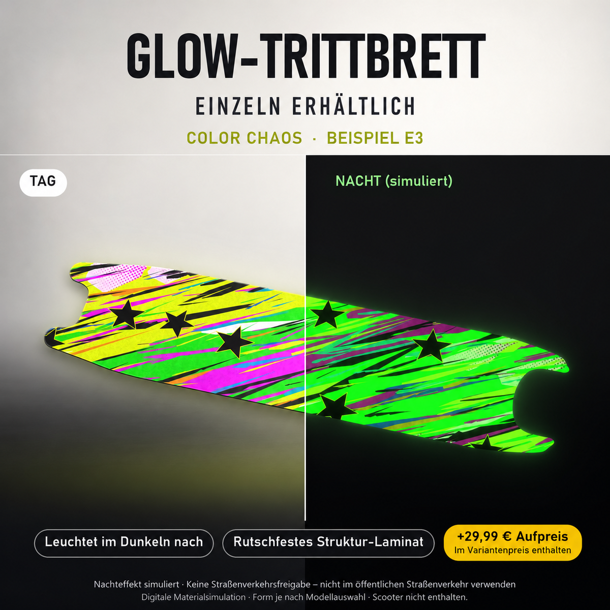 COLOR CHAOS Trittbrett-Skin – Nachteffekt simuliert, +29,99 € Aufpreis im Variantenpreis enthalten. Beispiel E3; Form je nach Modellauswahl. Digitale Design-/Materialvisualisierung, keine physische Druckprobe. Scooter nicht enthalten.