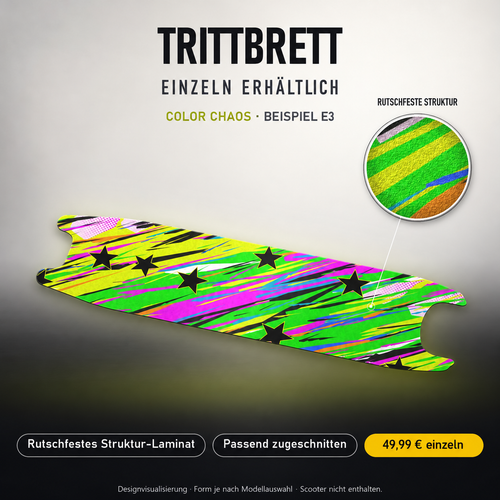 COLOR CHAOS Trittbrett-Skin – Standard, 49,99 € als Modellzuschnitt. Beispiel E3; Form je nach Modellauswahl. Digitale Design-/Materialvisualisierung, keine physische Druckprobe. Scooter nicht enthalten.