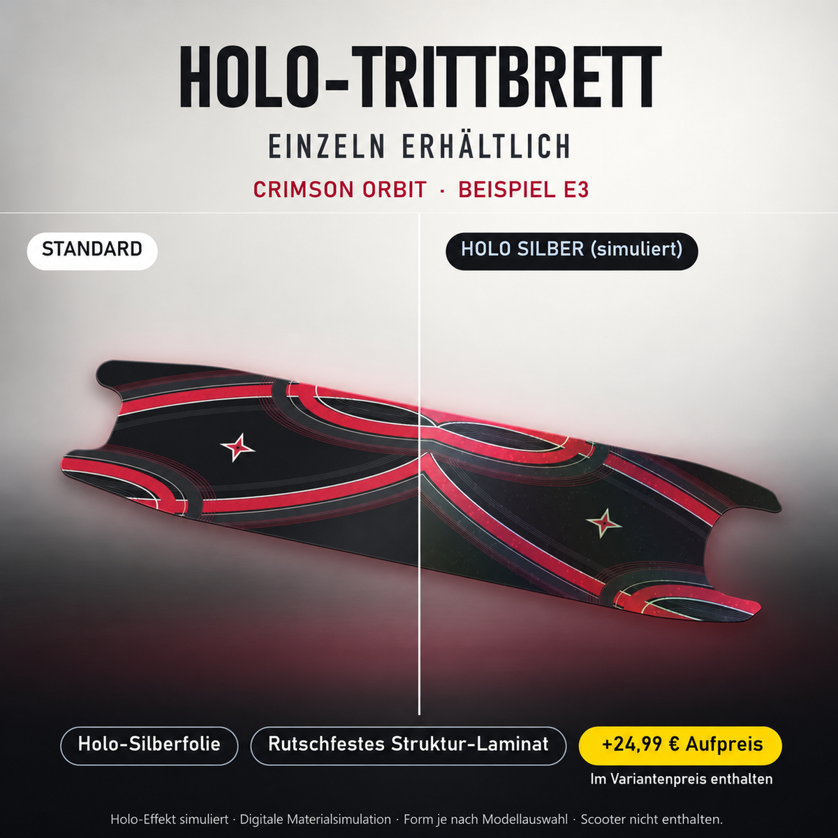 CRIMSON ORBIT Trittbrett-Skin – Holo-Effekt simuliert, +24,99 € Aufpreis im Variantenpreis enthalten. Beispiel E3; Form je nach Modellauswahl. Digitale Design-/Materialvisualisierung, keine physische Druckprobe. Scooter nicht enthalten.