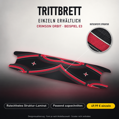 CRIMSON ORBIT Trittbrett-Skin – Standard, 49,99 € als Modellzuschnitt. Beispiel E3; Form je nach Modellauswahl. Digitale Design-/Materialvisualisierung, keine physische Druckprobe. Scooter nicht enthalten.