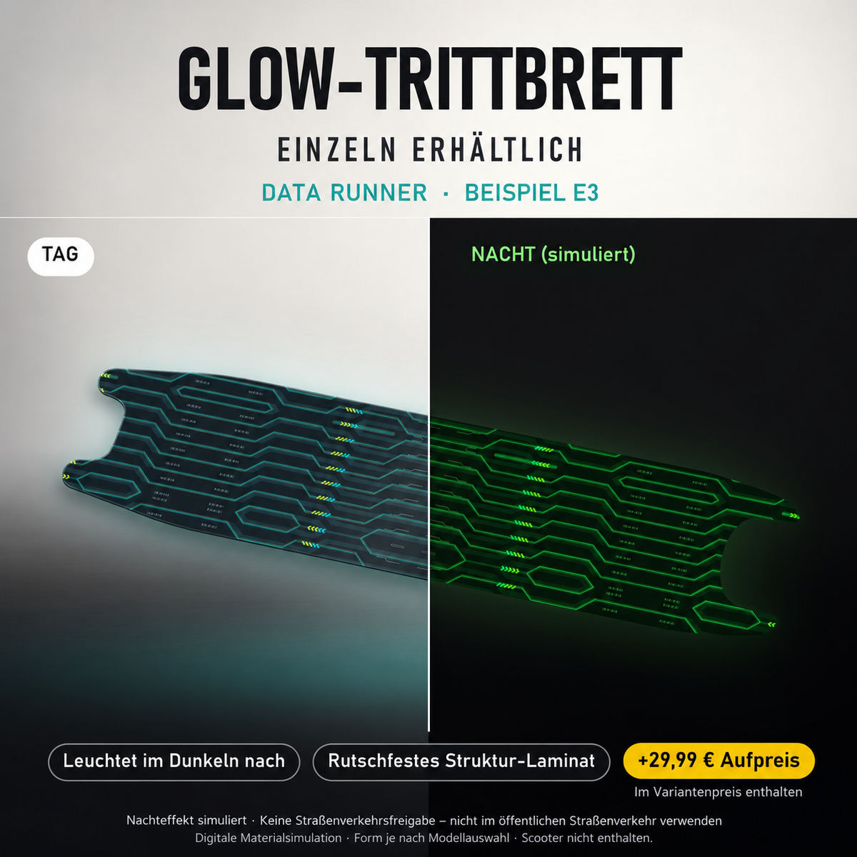 DATA RUNNER Trittbrett-Skin – Nachteffekt simuliert, +29,99 € Aufpreis im Variantenpreis enthalten. Beispiel E3; Form je nach Modellauswahl. Digitale Design-/Materialvisualisierung, keine physische Druckprobe. Scooter nicht enthalten.