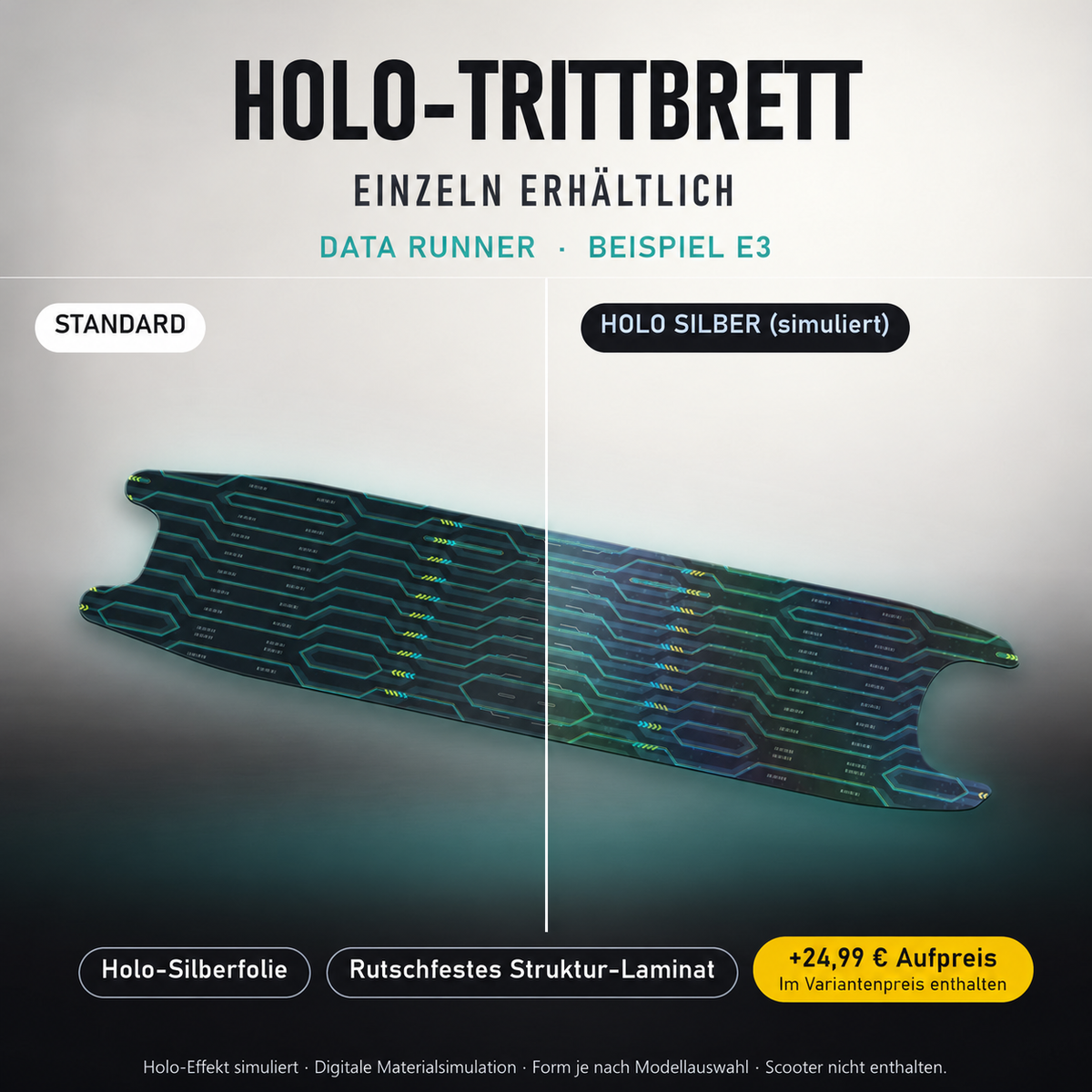 DATA RUNNER Trittbrett-Skin – Holo-Effekt simuliert, +24,99 € Aufpreis im Variantenpreis enthalten. Beispiel E3; Form je nach Modellauswahl. Digitale Design-/Materialvisualisierung, keine physische Druckprobe. Scooter nicht enthalten.