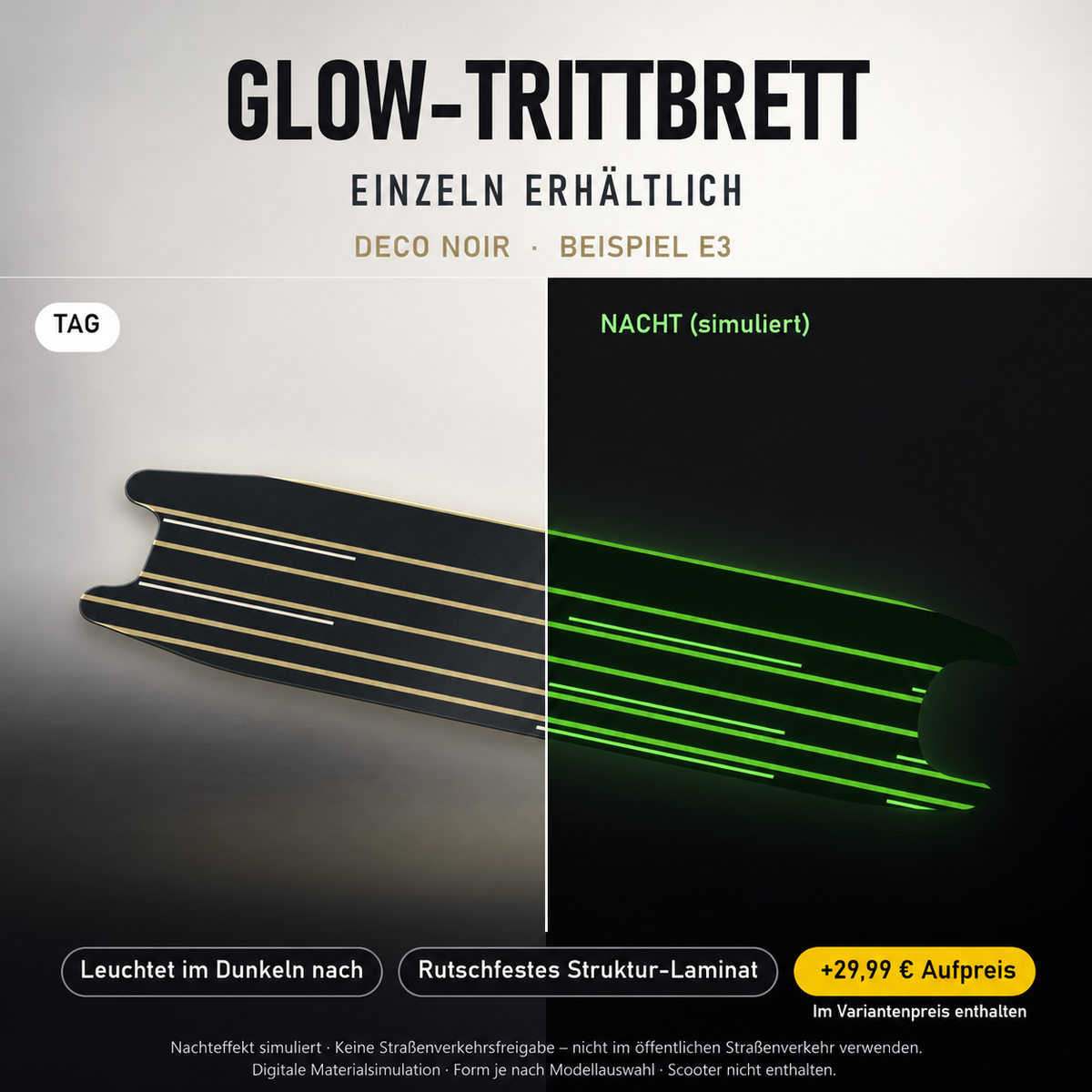 DECO NOIR Trittbrett-Skin – Nachteffekt simuliert, +29,99 € Aufpreis im Variantenpreis enthalten. Beispiel E3; Form je nach Modellauswahl. Digitale Design-/Materialvisualisierung, keine physische Druckprobe. Scooter nicht enthalten.