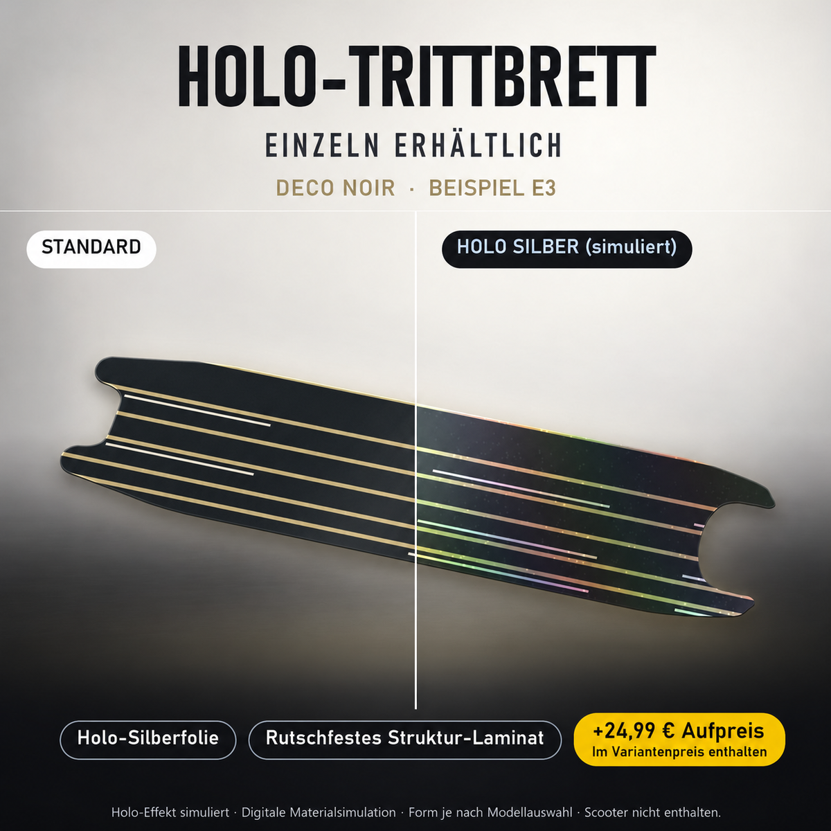 DECO NOIR Trittbrett-Skin – Holo-Effekt simuliert, +24,99 € Aufpreis im Variantenpreis enthalten. Beispiel E3; Form je nach Modellauswahl. Digitale Design-/Materialvisualisierung, keine physische Druckprobe. Scooter nicht enthalten.