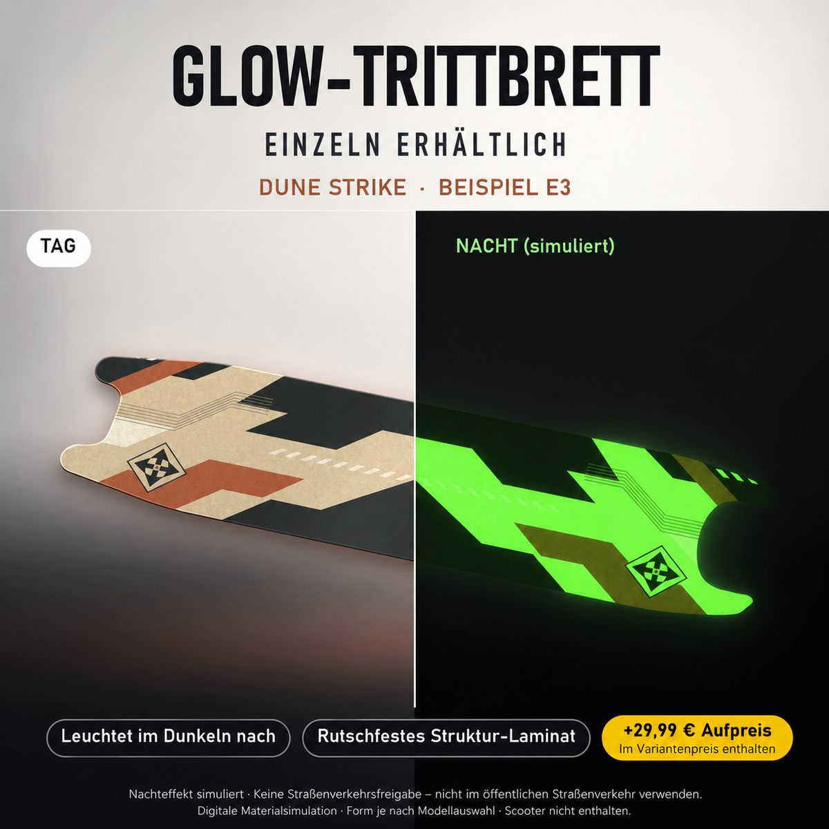 DUNE STRIKE Trittbrett-Skin – Nachteffekt simuliert, +29,99 € Aufpreis im Variantenpreis enthalten. Beispiel E3; Form je nach Modellauswahl. Digitale Design-/Materialvisualisierung, keine physische Druckprobe. Scooter nicht enthalten.