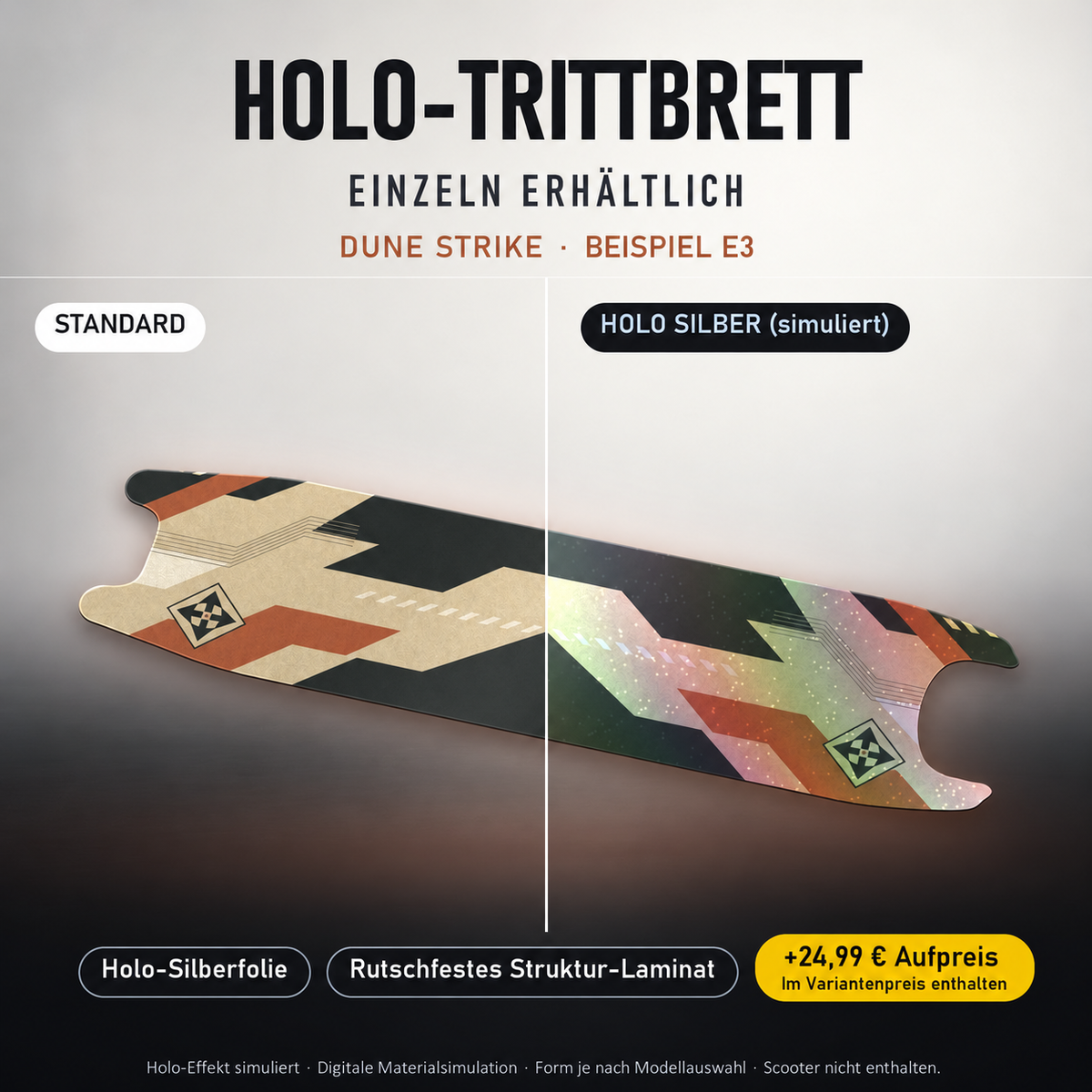 DUNE STRIKE Trittbrett-Skin – Holo-Effekt simuliert, +24,99 € Aufpreis im Variantenpreis enthalten. Beispiel E3; Form je nach Modellauswahl. Digitale Design-/Materialvisualisierung, keine physische Druckprobe. Scooter nicht enthalten.