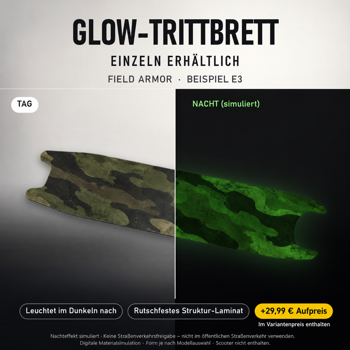 FIELD ARMOR Trittbrett-Skin – Nachteffekt simuliert, +29,99 € Aufpreis im Variantenpreis enthalten. Beispiel E3; Form je nach Modellauswahl. Digitale Design-/Materialvisualisierung, keine physische Druckprobe. Scooter nicht enthalten.