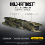 FIELD ARMOR Trittbrett-Skin – Holo-Effekt simuliert, +24,99 € Aufpreis im Variantenpreis enthalten. Beispiel E3; Form je nach Modellauswahl. Digitale Design-/Materialvisualisierung, keine physische Druckprobe. Scooter nicht enthalten.