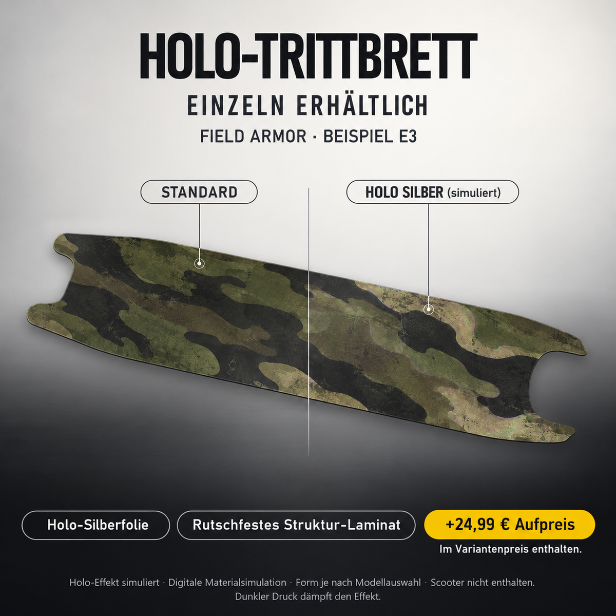 FIELD ARMOR Trittbrett-Skin – Holo-Effekt simuliert, +24,99 € Aufpreis im Variantenpreis enthalten. Beispiel E3; Form je nach Modellauswahl. Digitale Design-/Materialvisualisierung, keine physische Druckprobe. Scooter nicht enthalten.