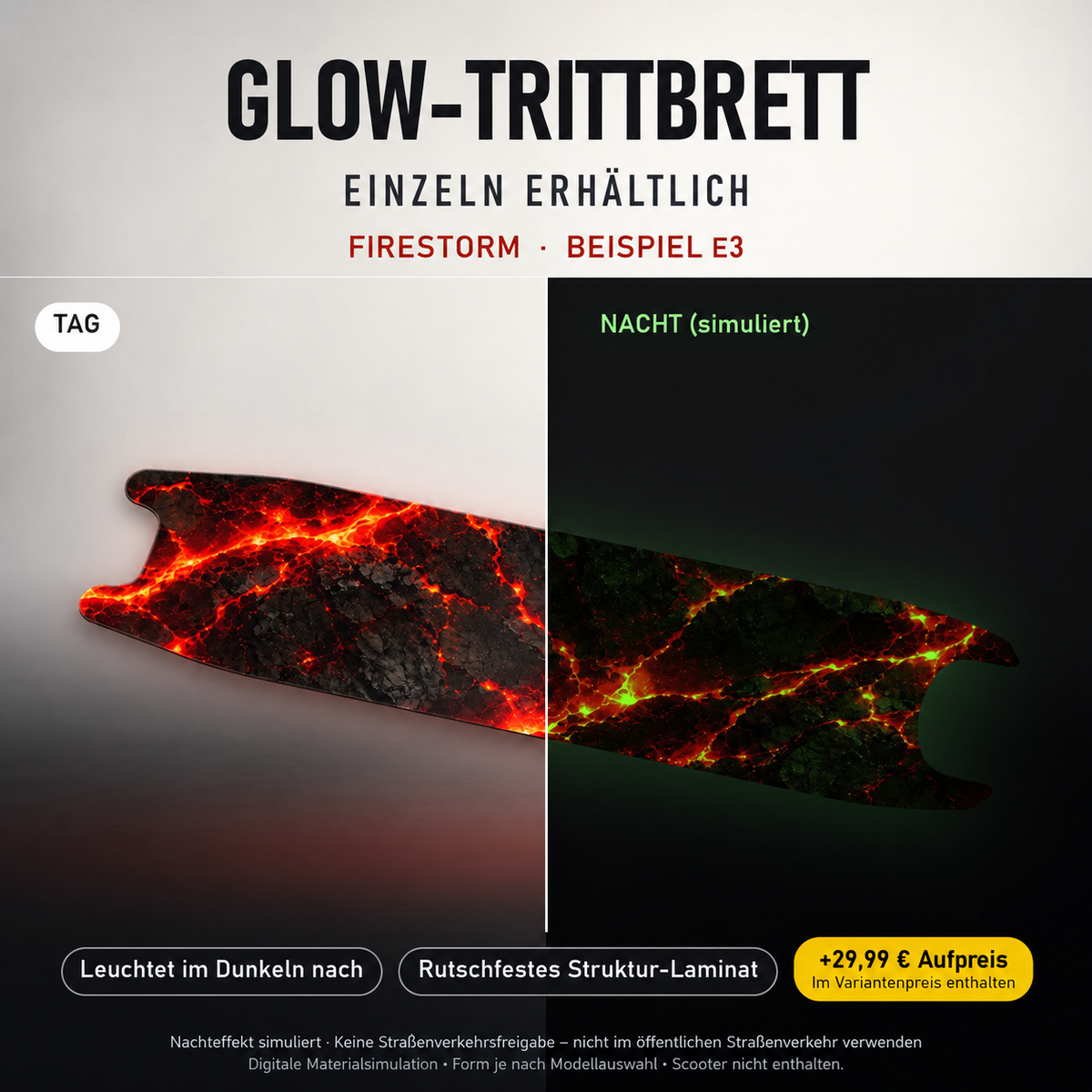 FIRESTORM Trittbrett-Skin – Nachteffekt simuliert, +29,99 € Aufpreis im Variantenpreis enthalten. Beispiel E3; Form je nach Modellauswahl. Digitale Design-/Materialvisualisierung, keine physische Druckprobe. Scooter nicht enthalten.