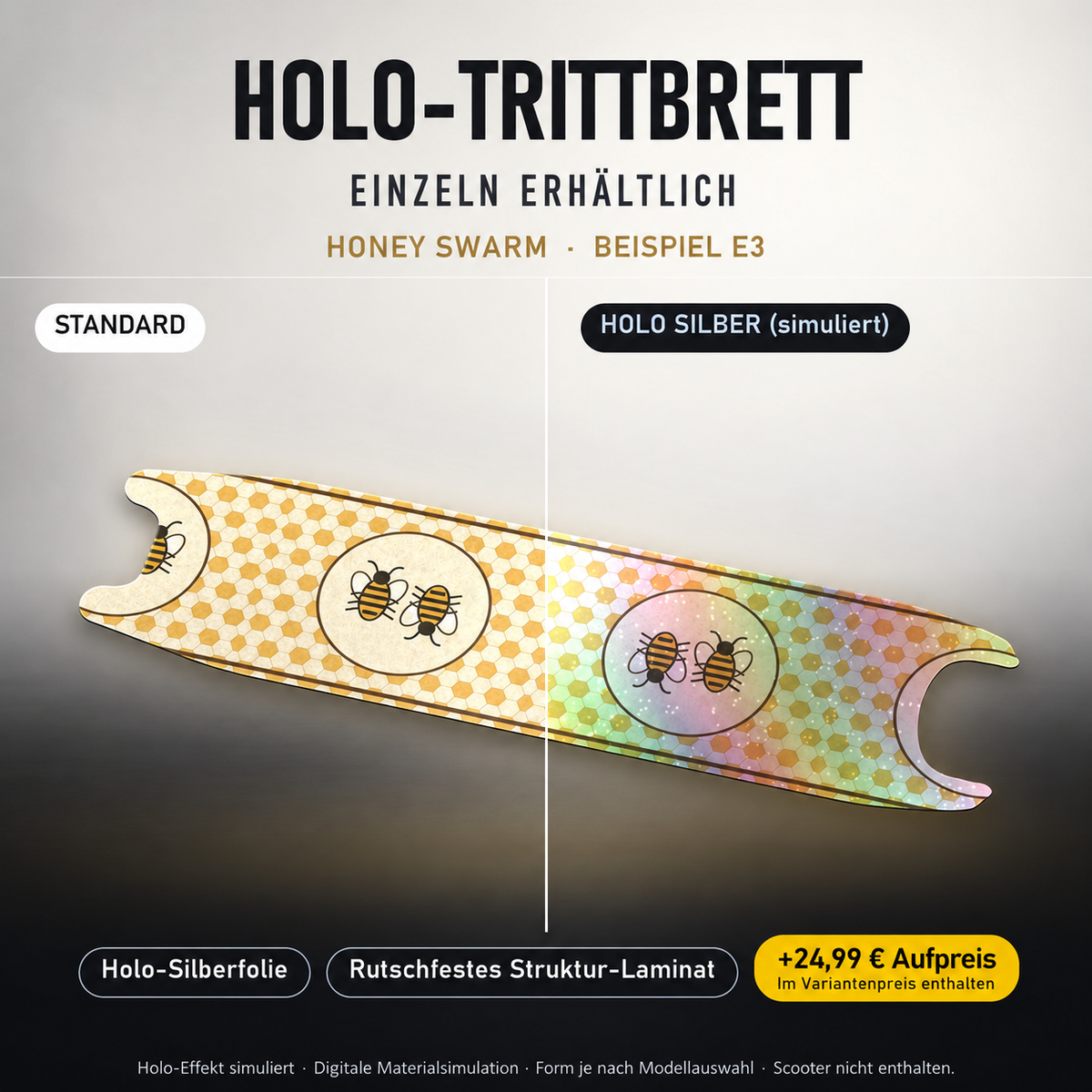 HONEY SWARM Trittbrett-Skin – Holo-Effekt simuliert, +24,99 € Aufpreis im Variantenpreis enthalten. Beispiel E3; Form je nach Modellauswahl. Digitale Design-/Materialvisualisierung, keine physische Druckprobe. Scooter nicht enthalten.