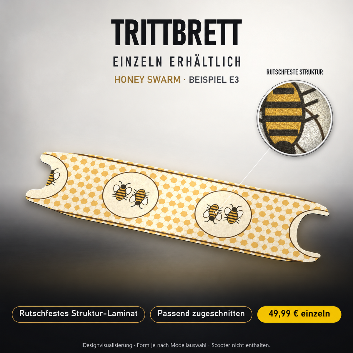 HONEY SWARM Trittbrett-Skin – Standard, 49,99 € als Modellzuschnitt. Beispiel E3; Form je nach Modellauswahl. Digitale Design-/Materialvisualisierung, keine physische Druckprobe. Scooter nicht enthalten.