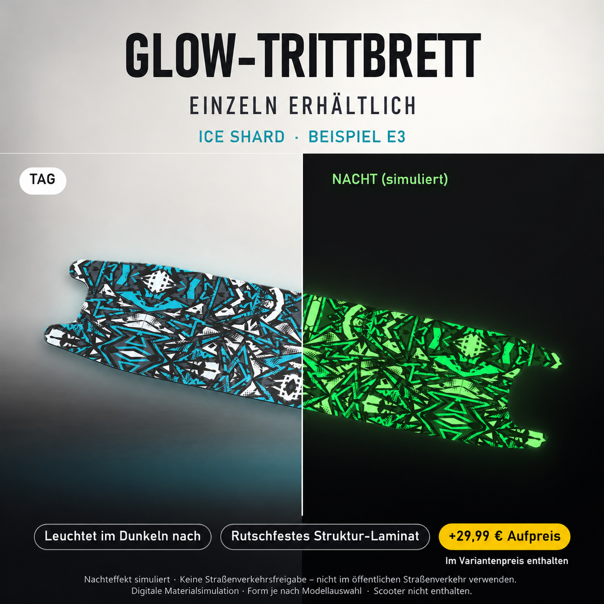 ICE SHARD Trittbrett-Skin – Nachteffekt simuliert, +29,99 € Aufpreis im Variantenpreis enthalten. Beispiel E3; Form je nach Modellauswahl. Digitale Design-/Materialvisualisierung, keine physische Druckprobe. Scooter nicht enthalten.
