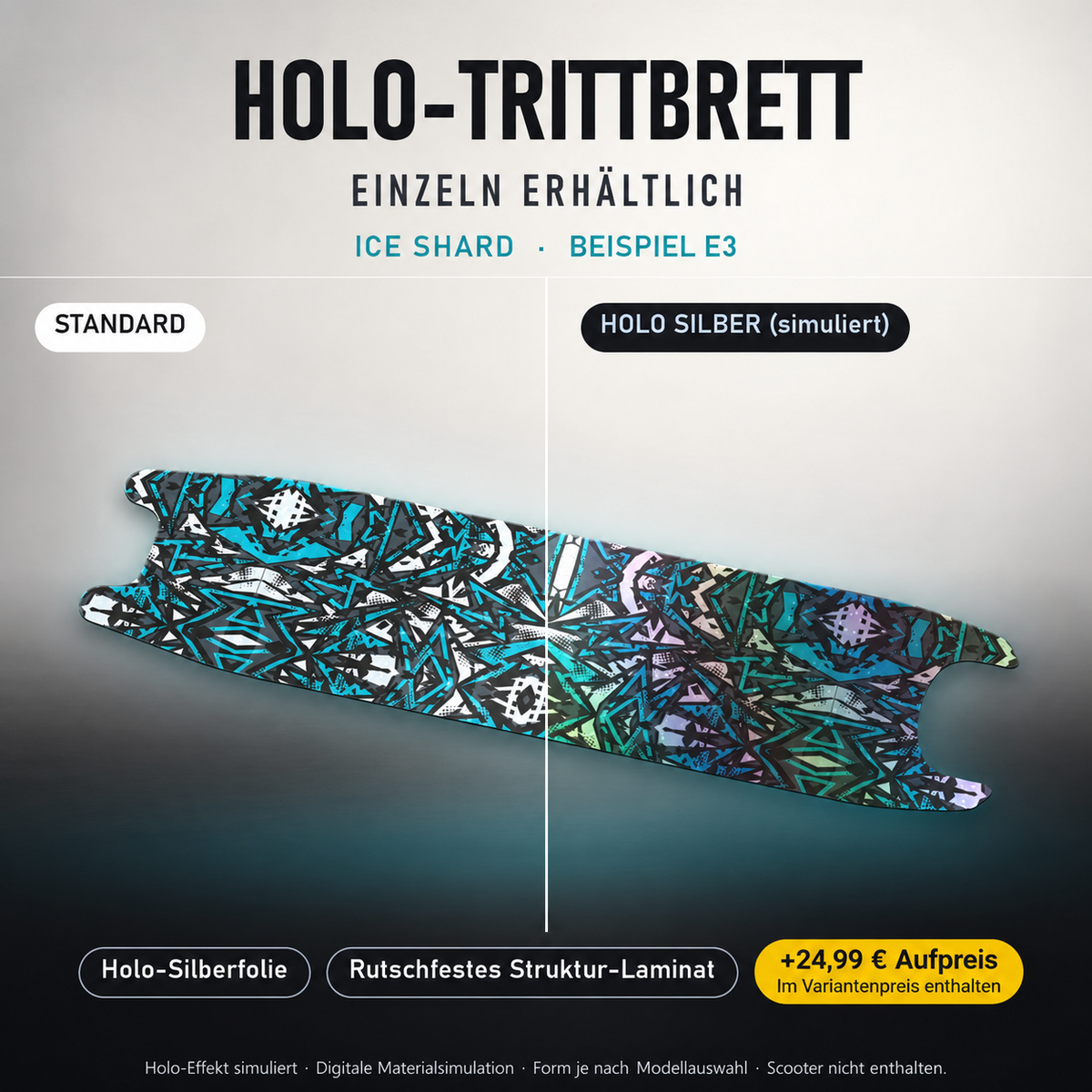 ICE SHARD Trittbrett-Skin – Holo-Effekt simuliert, +24,99 € Aufpreis im Variantenpreis enthalten. Beispiel E3; Form je nach Modellauswahl. Digitale Design-/Materialvisualisierung, keine physische Druckprobe. Scooter nicht enthalten.