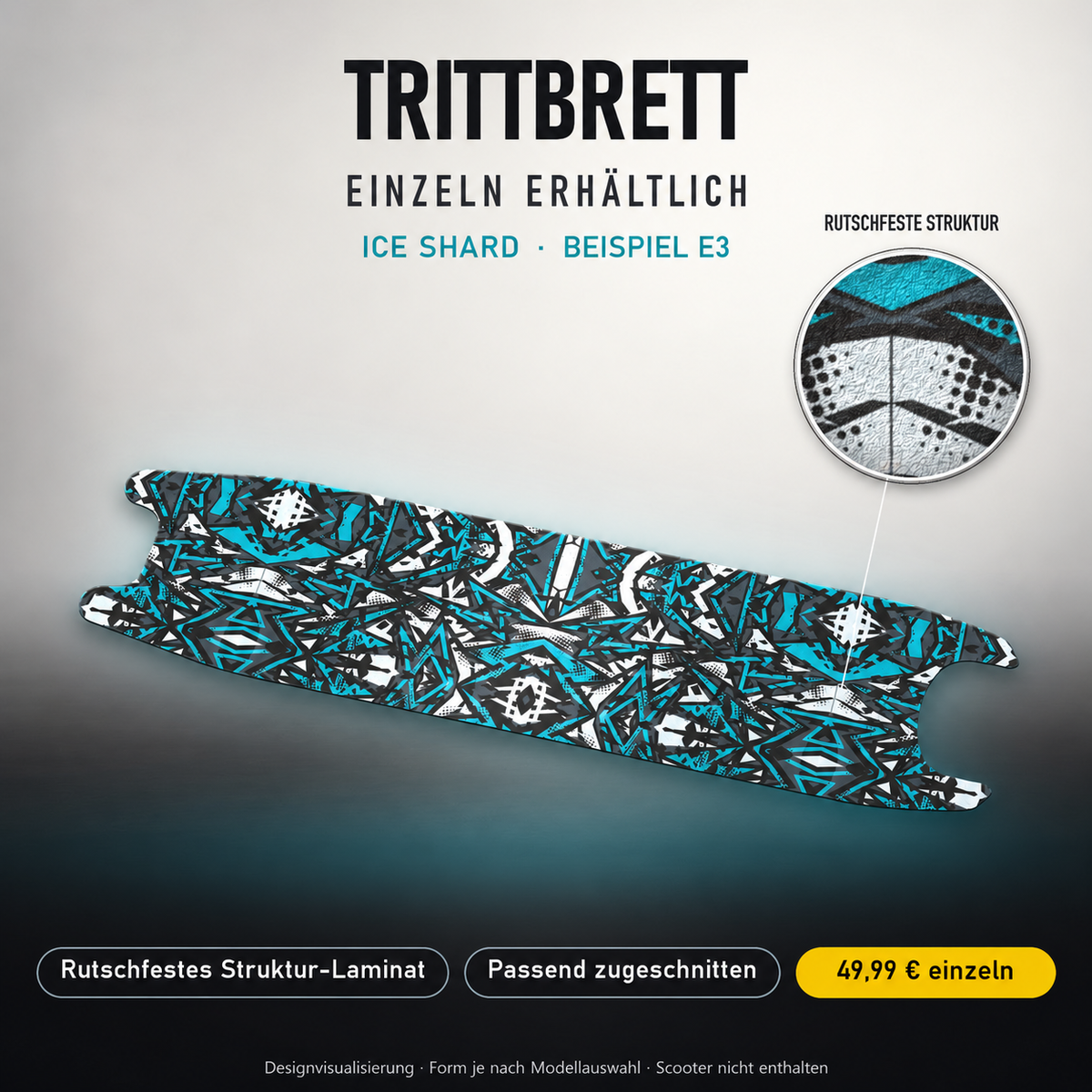ICE SHARD Trittbrett-Skin – Standard, 49,99 € als Modellzuschnitt. Beispiel E3; Form je nach Modellauswahl. Digitale Design-/Materialvisualisierung, keine physische Druckprobe. Scooter nicht enthalten.