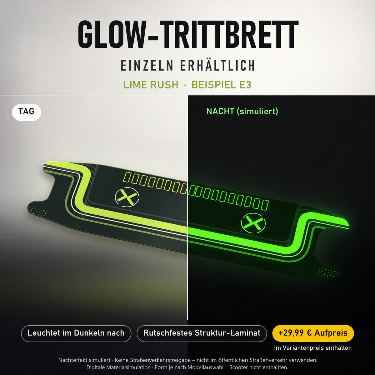 LIME RUSH Trittbrett-Skin – Nachteffekt simuliert, +29,99 € Aufpreis im Variantenpreis enthalten. Beispiel E3; Form je nach Modellauswahl. Digitale Design-/Materialvisualisierung, keine physische Druckprobe. Scooter nicht enthalten.