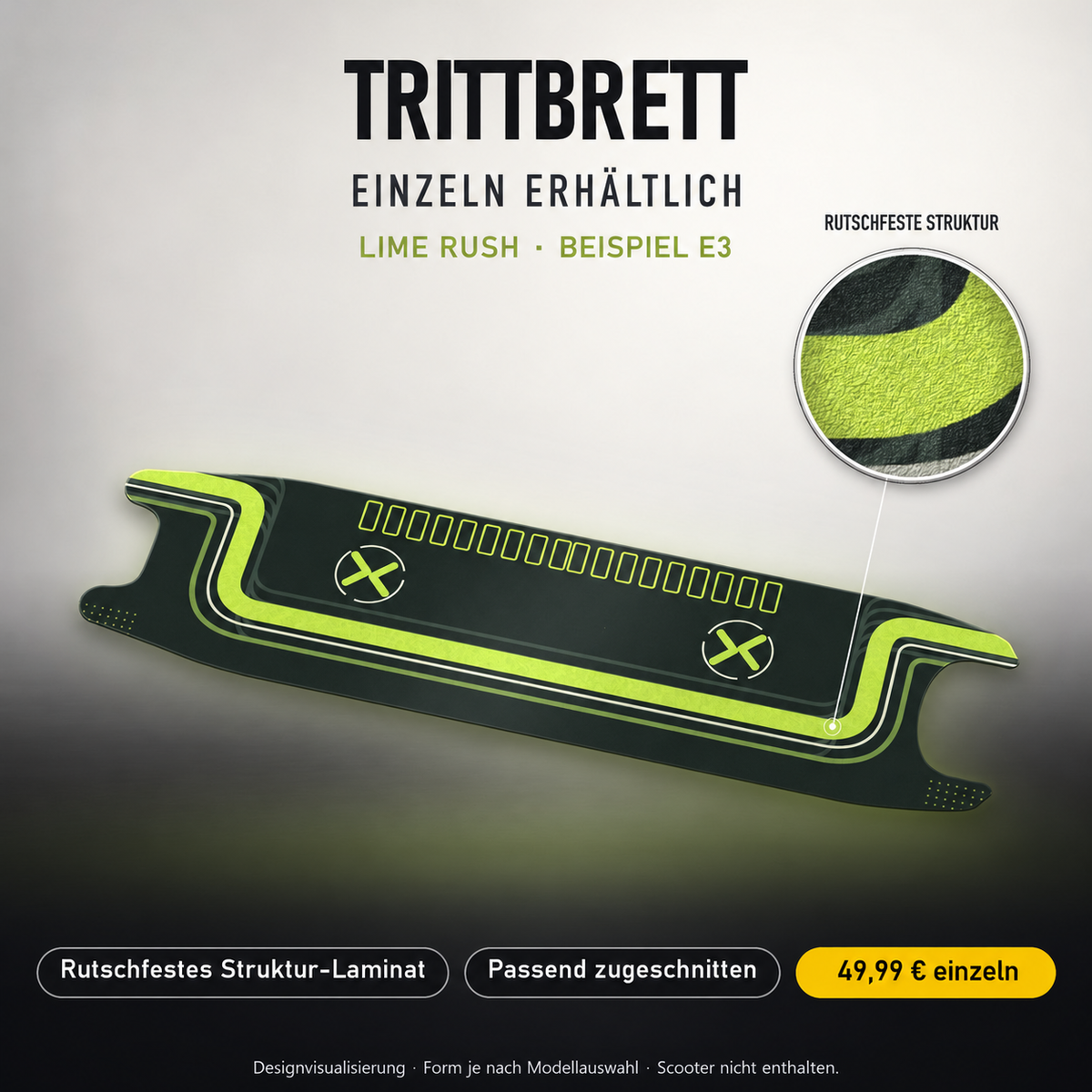 LIME RUSH Trittbrett-Skin – Standard, 49,99 € als Modellzuschnitt. Beispiel E3; Form je nach Modellauswahl. Digitale Design-/Materialvisualisierung, keine physische Druckprobe. Scooter nicht enthalten.