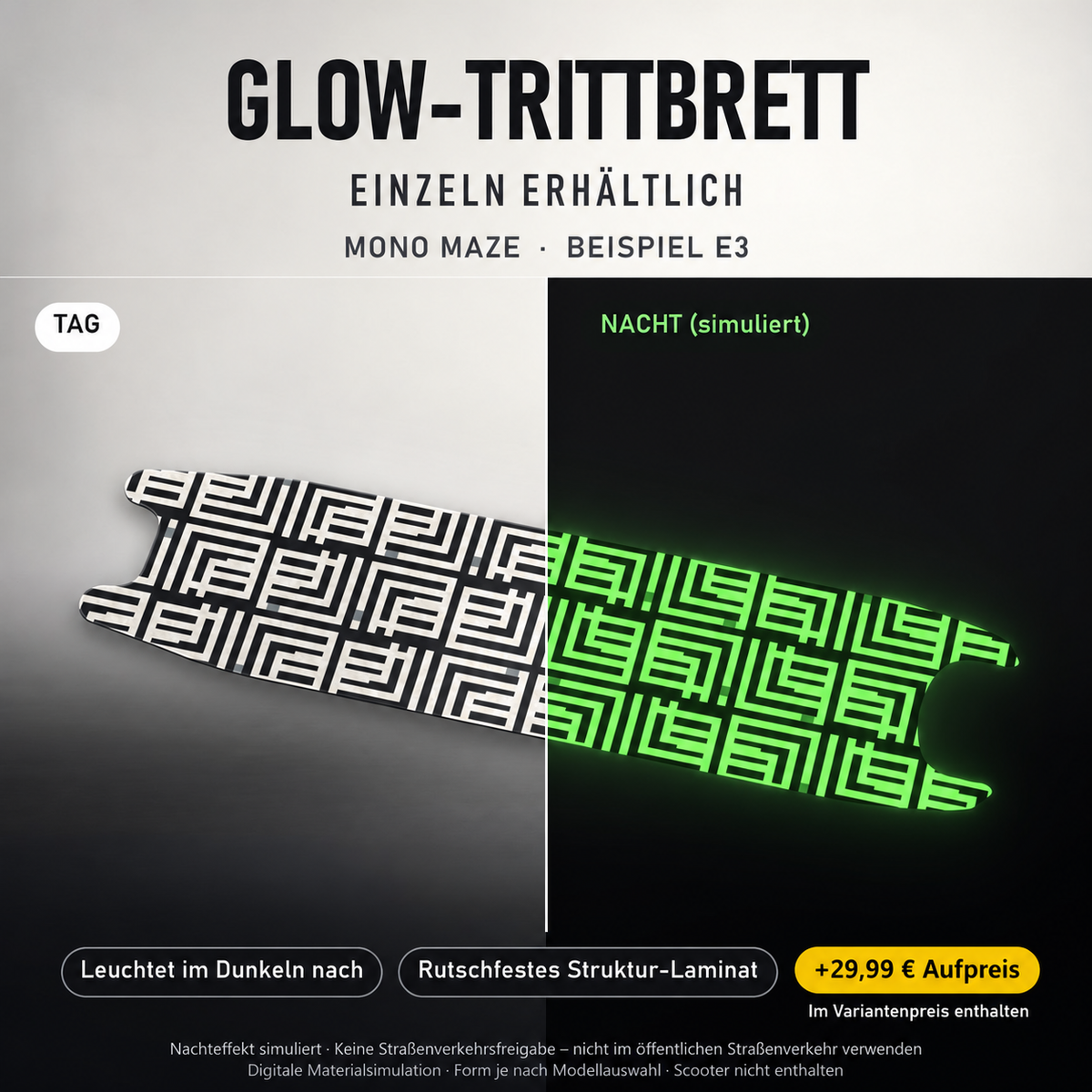 MONO MAZE Trittbrett-Skin – Nachteffekt simuliert, +29,99 € Aufpreis im Variantenpreis enthalten. Beispiel E3; Form je nach Modellauswahl. Digitale Design-/Materialvisualisierung, keine physische Druckprobe. Scooter nicht enthalten.