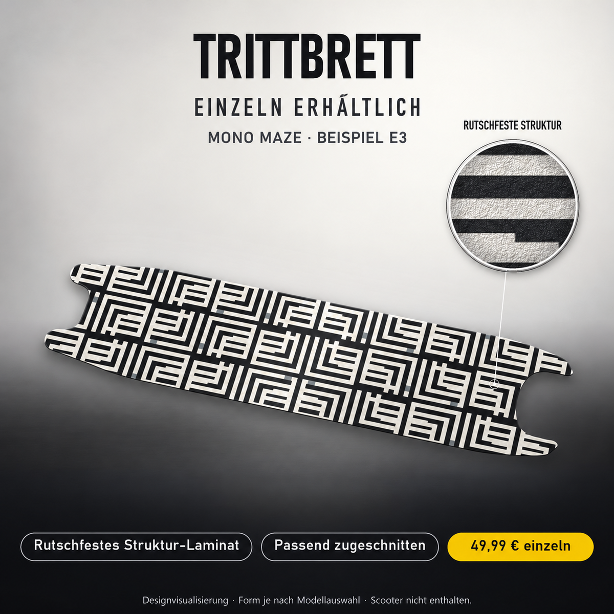 MONO MAZE Trittbrett-Skin – Standard, 49,99 € als Modellzuschnitt. Beispiel E3; Form je nach Modellauswahl. Digitale Design-/Materialvisualisierung, keine physische Druckprobe. Scooter nicht enthalten.