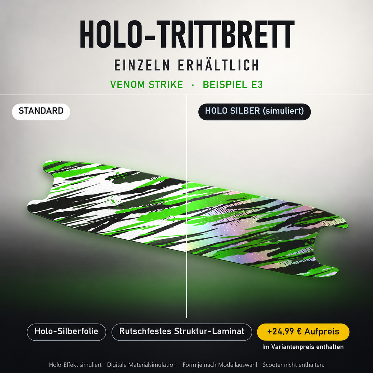 VENOM STRIKE Trittbrett-Skin – Holo-Effekt simuliert, +24,99 € Aufpreis im Variantenpreis enthalten. Beispiel E3; Form je nach Modellauswahl. Digitale Design-/Materialvisualisierung, keine physische Druckprobe. Scooter nicht enthalten.