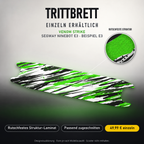 VENOM STRIKE Trittbrett-Skin – Standard, 49,99 € als Modellzuschnitt. Beispiel E3; Form je nach Modellauswahl. Digitale Design-/Materialvisualisierung, keine physische Druckprobe. Scooter nicht enthalten.