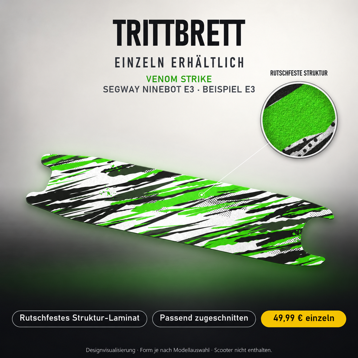 VENOM STRIKE Trittbrett-Skin – Standard, 49,99 € als Modellzuschnitt. Beispiel E3; Form je nach Modellauswahl. Digitale Design-/Materialvisualisierung, keine physische Druckprobe. Scooter nicht enthalten.