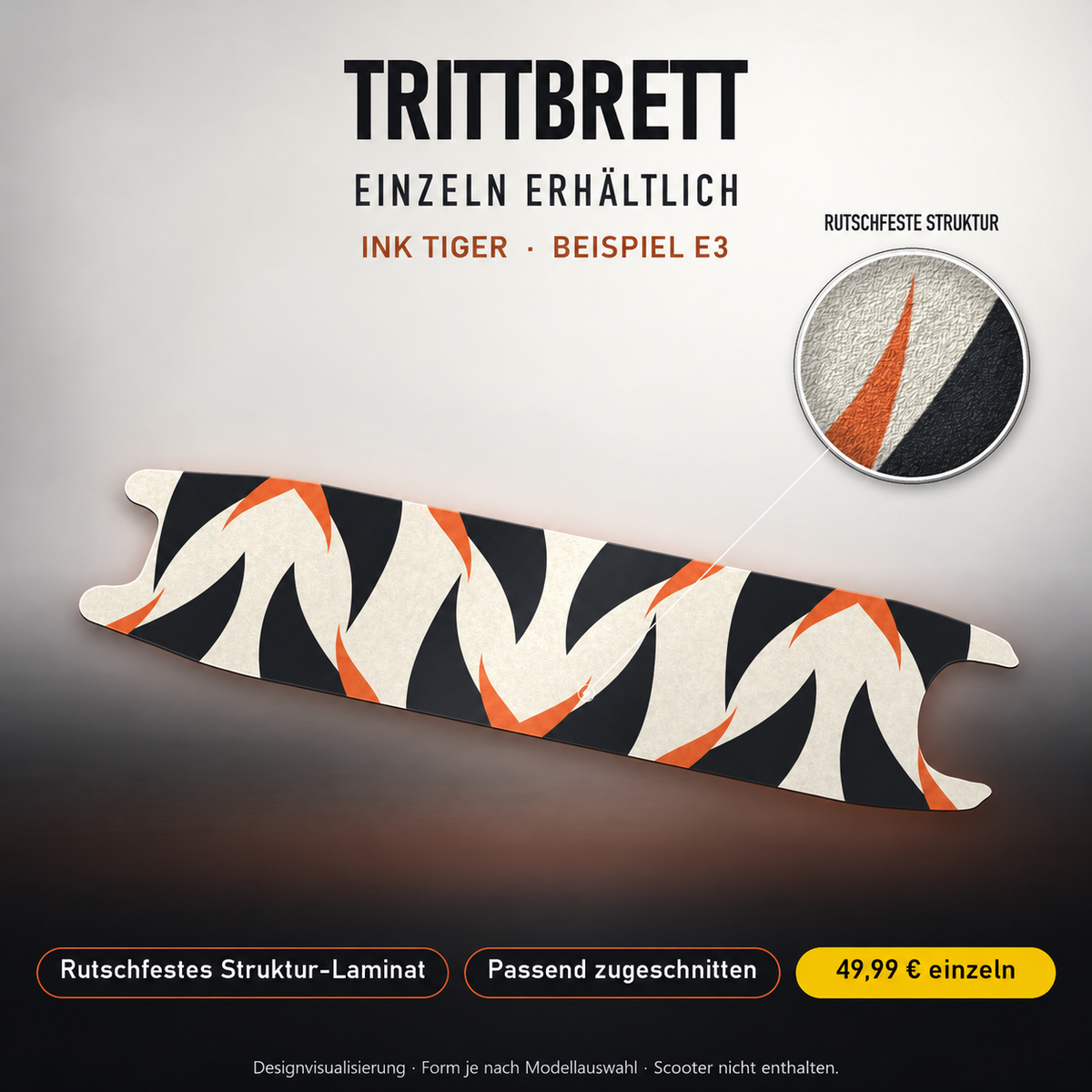 INK TIGER Trittbrett-Skin – Beispiel Segway E3, Standard mit rutschfestem Struktur-Laminat, 49,99 € als Modellzuschnitt. Designvisualisierung; Form je nach Modellauswahl; Scooter nicht enthalten.