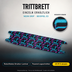NEON DRIP Trittbrett-Skin – Beispiel Segway E3, Standard mit rutschfestem Struktur-Laminat, 49,99 € als Modellzuschnitt. Designvisualisierung; Form je nach Modellauswahl; Scooter nicht enthalten.