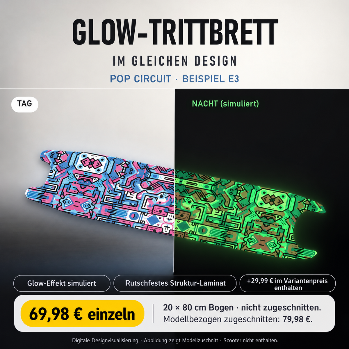 POP CIRCUIT Trittbrett GLOW – 20x80 cm Bogen nicht zugeschnitten, Modellzuschnitt separat
