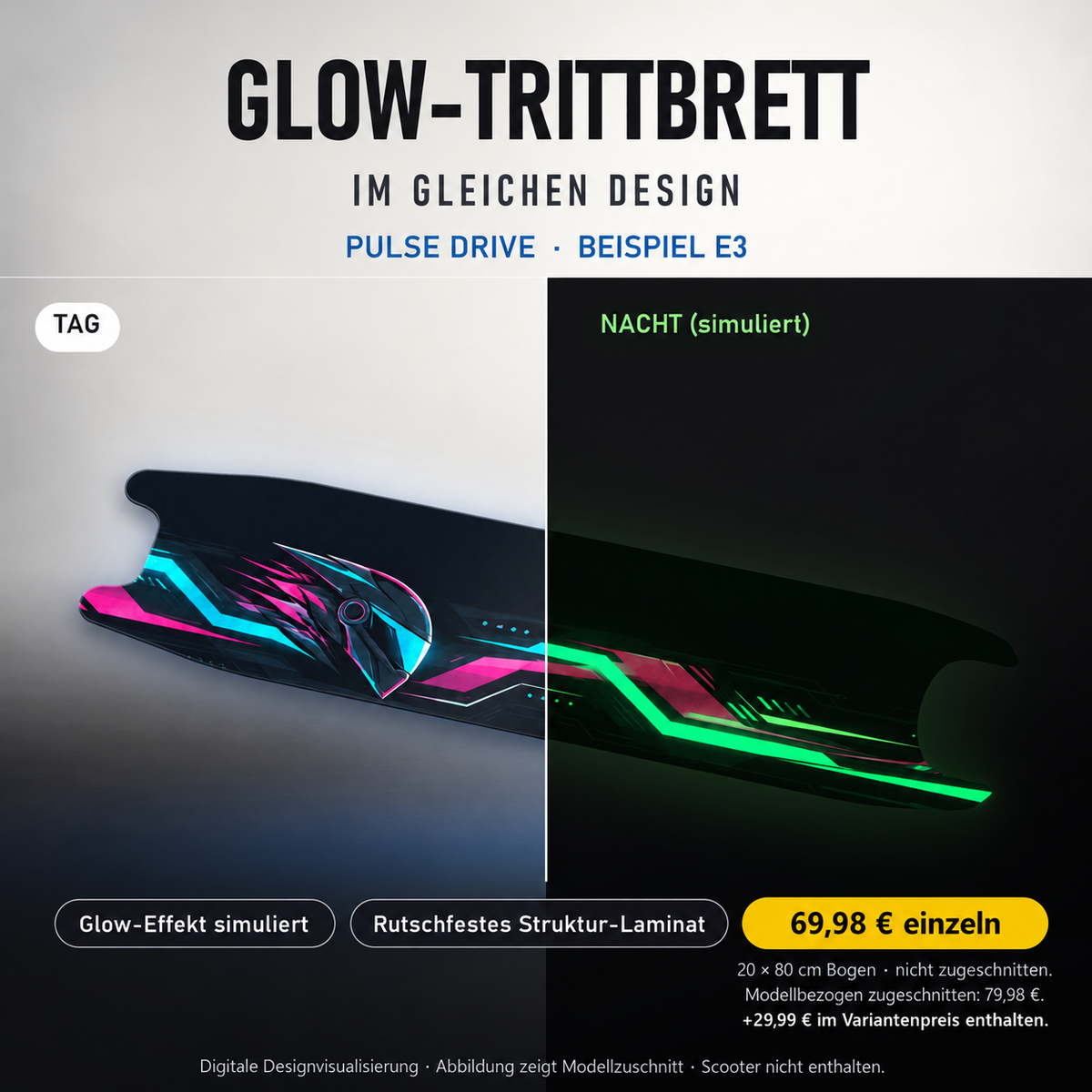 PULSE DRIVE Trittbrett GLOW – 20x80 cm Bogen nicht zugeschnitten, Modellzuschnitt separat