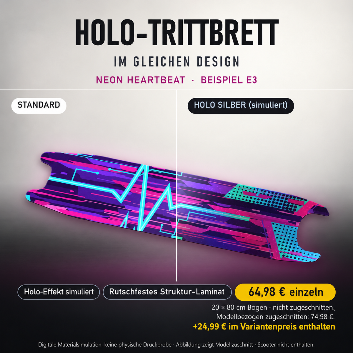 NEON HEARTBEAT Trittbrett-Skin – Standard/Holo Silber im Vergleich, Holo-Effekt simuliert, 20x80 cm Bogen 64,98 €, Modellzuschnitt 74,98 €. +24,99 € im Variantenpreis enthalten. Beispiel E3; digitale Darstellung, keine physische Druckprobe; Scooter nicht enthalten.