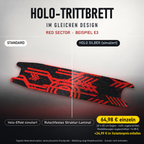 RED SECTOR Trittbrett-Skin – Standard/Holo Silber im Vergleich, Holo-Effekt simuliert, 20x80 cm Bogen 64,98 €, Modellzuschnitt 74,98 €. +24,99 € im Variantenpreis enthalten. Beispiel E3; digitale Darstellung, keine physische Druckprobe; Scooter nicht enthalten.